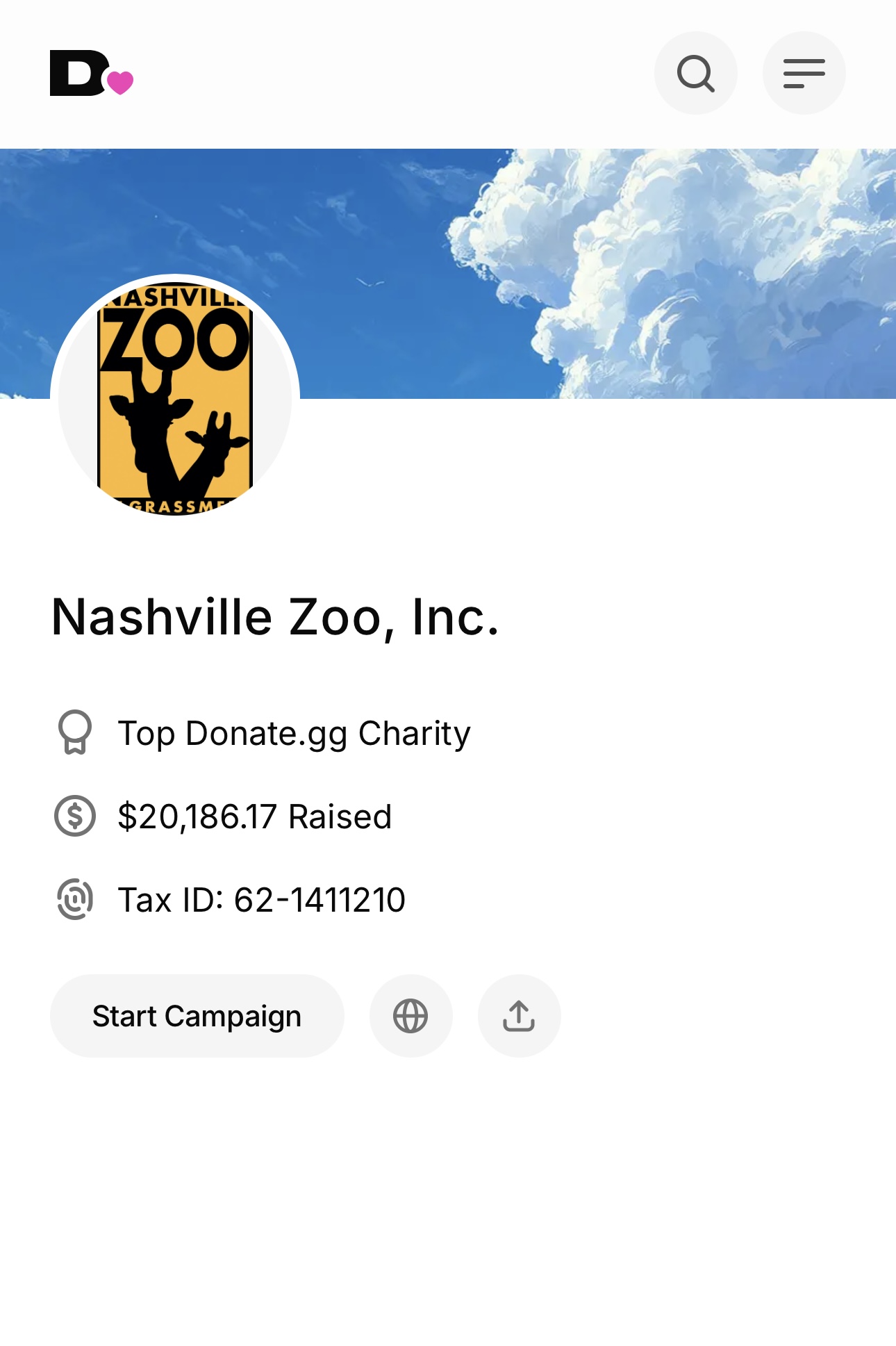 donate.gg proof showing $20,186.17 raised for Nashville Zoo